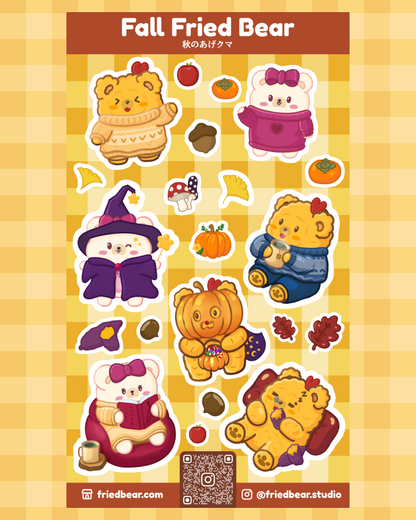 Fall Fried Bear sticker sheet with pumpkins, sweaters and a witch hat, about 8 × 14 cm, by Fried Bear Studio