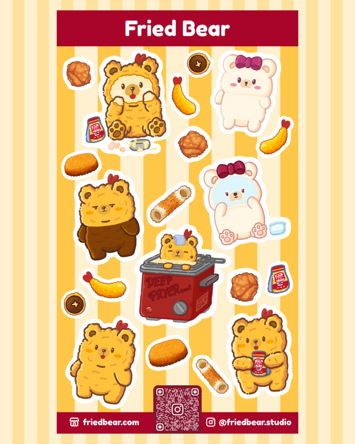 Fried Bear sticker sheet with Fried Bear, Tofu Bear and fried foods, about 8 × 14 cm, by Fried Bear Studio