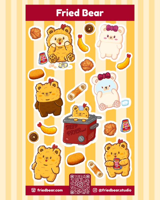 Fried Bear sticker sheet with Fried Bear, Tofu Bear and fried foods, about 8 × 14 cm, by Fried Bear Studio