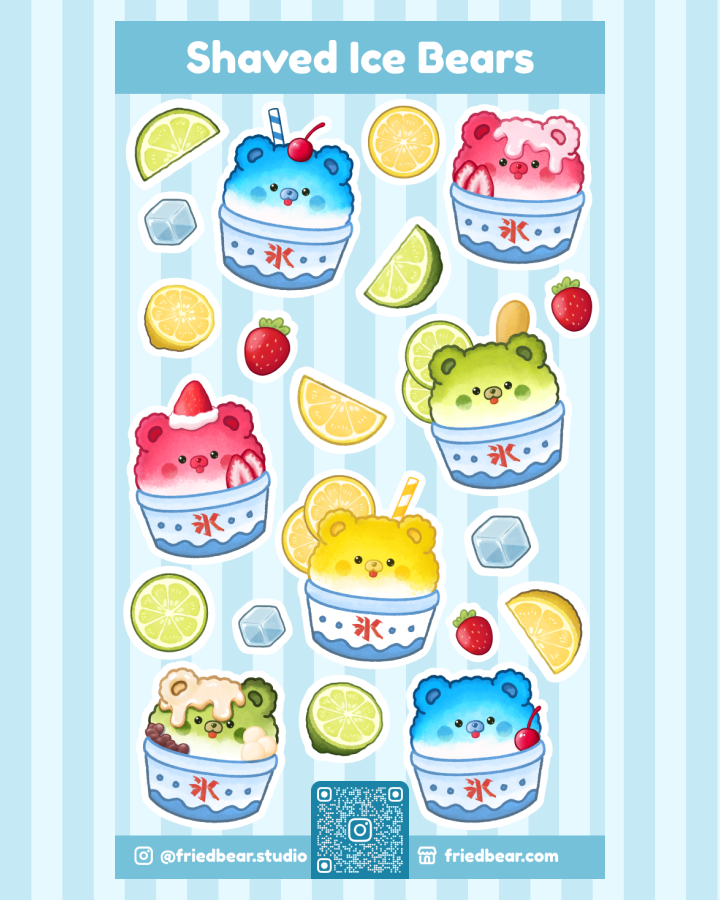 Shaved Ice Bears sticker sheet with bears in kakigori cups and fruit, about 8 × 14 cm, by Fried Bear Studio