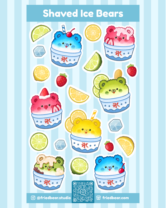 Shaved Ice Bears sticker sheet with bears in kakigori cups and fruit, about 8 × 14 cm, by Fried Bear Studio
