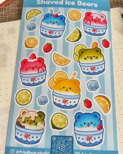 Shaved Ice Bears sticker sheet with bears in kakigori cups and fruit lying on a dotted notebook