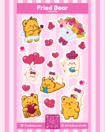 Fried Bear Valentine sticker sheet with hearts, balloons and a bouquet, about 8 × 14 cm, by Fried Bear Studio
